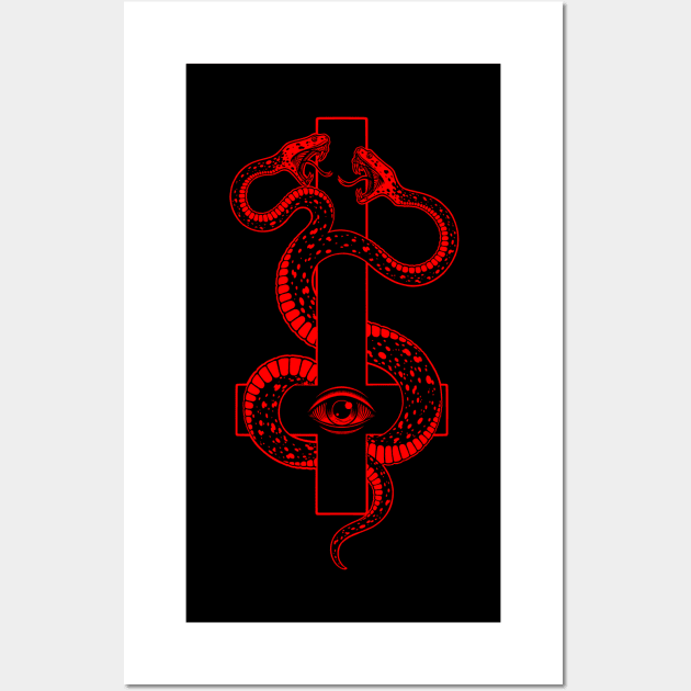 inverted cross. satanic two-headed serpent Wall Art by OccultOmaStore